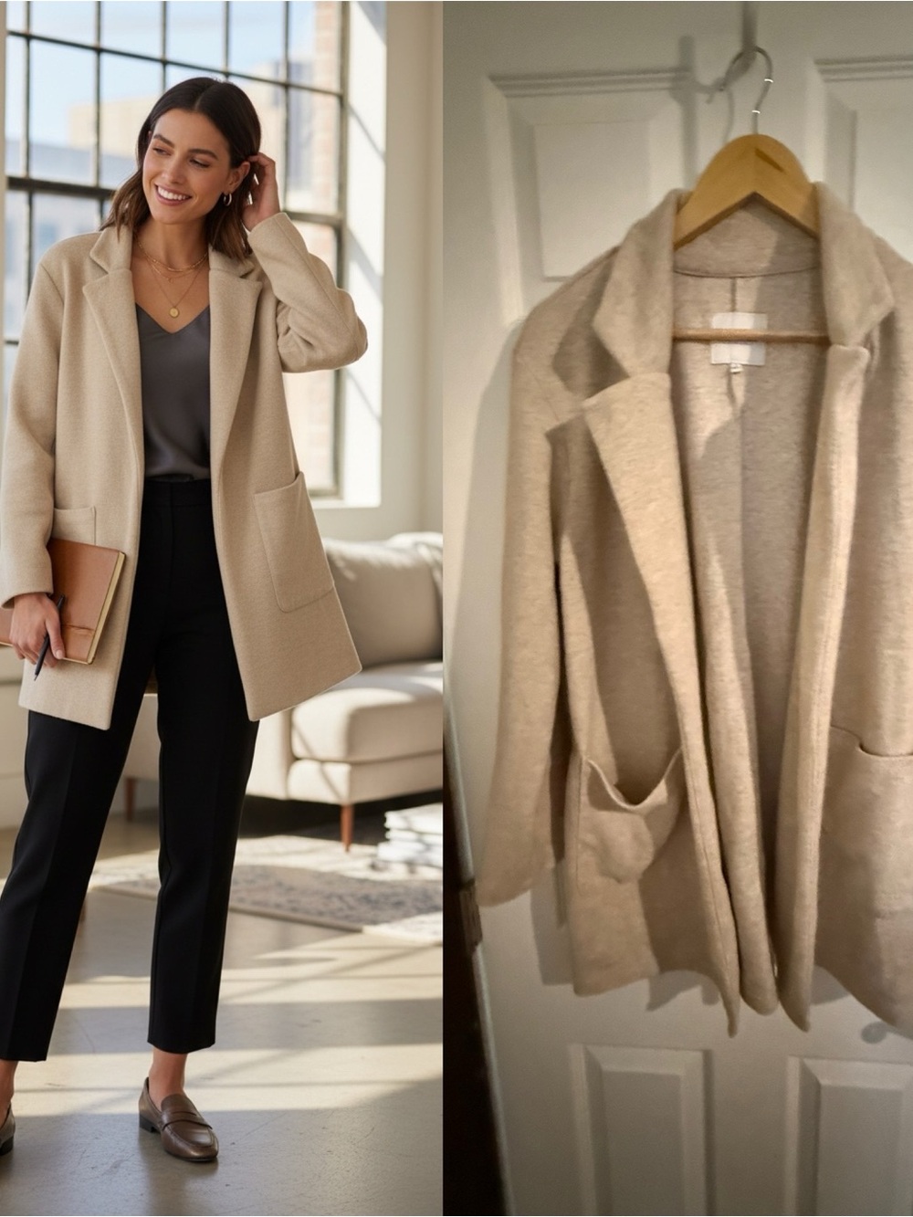 Dictionary Oatmeal Open-Front Longline Knit Jacket Size Large
